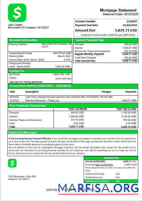 Blank USA Cash App mortgage statement in Word and PDF formats template